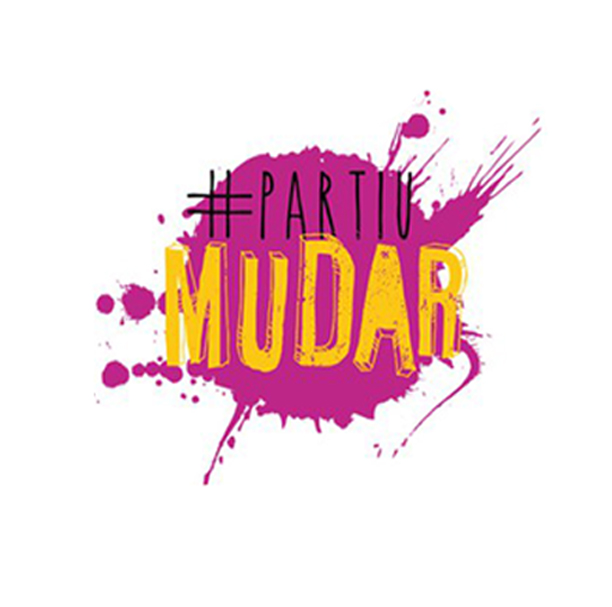 logo do projeto #partiumudar. Mancha de tinta rosa com a palavra #partiumudar