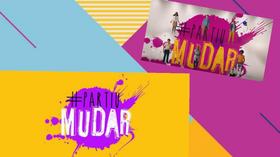 capa do slide. Fundo com formas geométricas coloridas. Logo e foto do projeto #PartiuMudar.