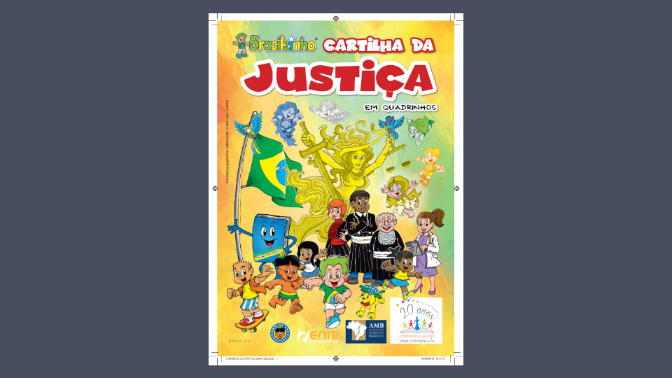 Miniatura. Fundo colorido em padrão laranja, amarelo e verde. Personagens diversos. Texto: Cartilha da Justiça em Quadrinhos.