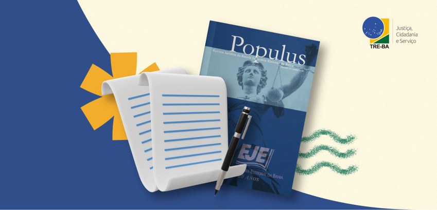 Capa da Revista Populus 17 em tom azul, junto com ilustração de folhas de papel e caneta