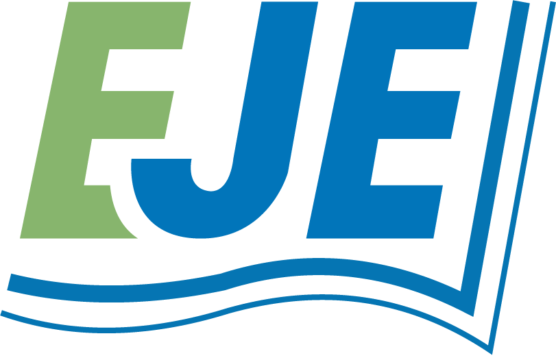 Logo da EJE. letra "E" em verde, Letras "JE" em Azul. Traços azuis que lembram a borda de um livro. 