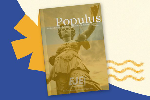 Pra todos verem: card em tons de bege e azul com a imagem da capa do 18º número da Revista Populus.